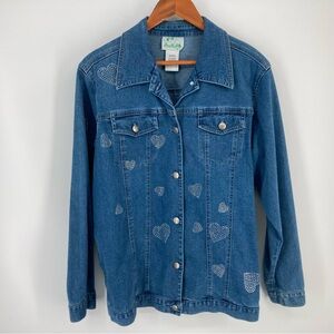 Quacker Factory Women's Medium Denim Jean Jacket Jeweled Hearts Stretch Sparkles